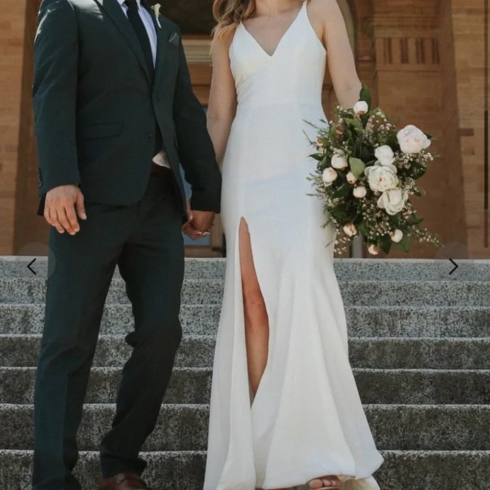 Dress The Population Iris Bridal Gown Leg Slit Crepe Maxi Dress Size Med